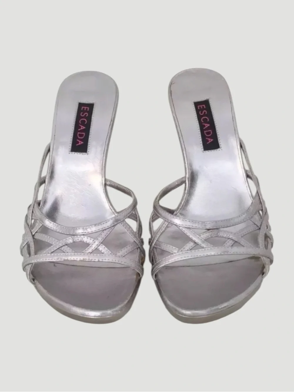 🔥 Escada Metallic Silver Strappy Heeled Mules — Elegant Evening Glam